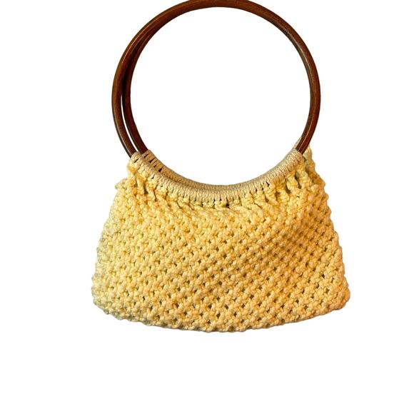 Vintage 70's Boho Macrame Wooden Handle Purse - Picture 1 of 5
